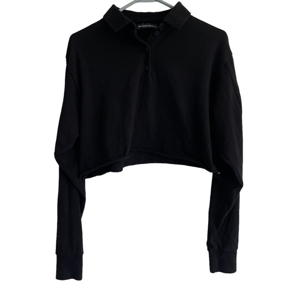 Brandy Melville Black Cropped Long Sleeve Collared Top, One Size - Picture 1 of 5